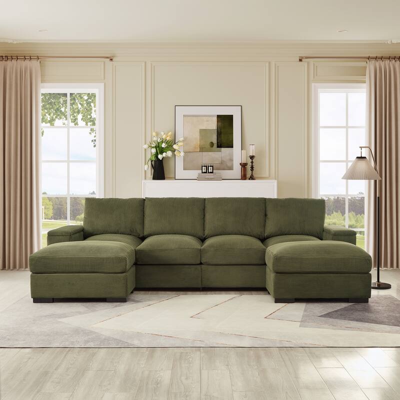 122" Corduroy U-Shaped Sleeper Sectional Sofa with Ottomans & Storage