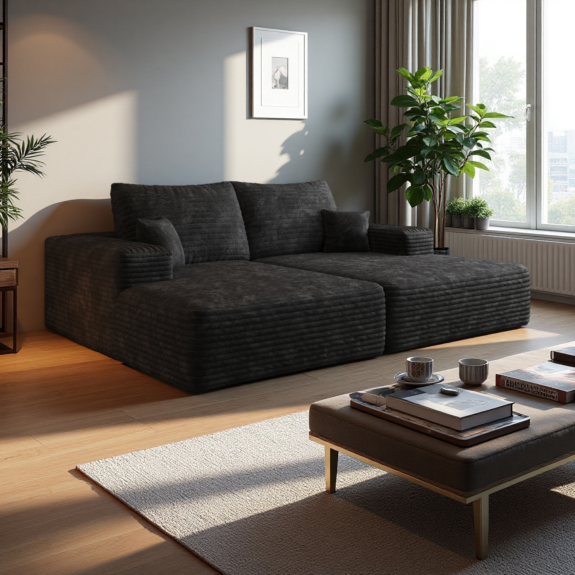 74.8" Corduroy Dual Sleeper Sectional Sofa with Recliner, No Assembly