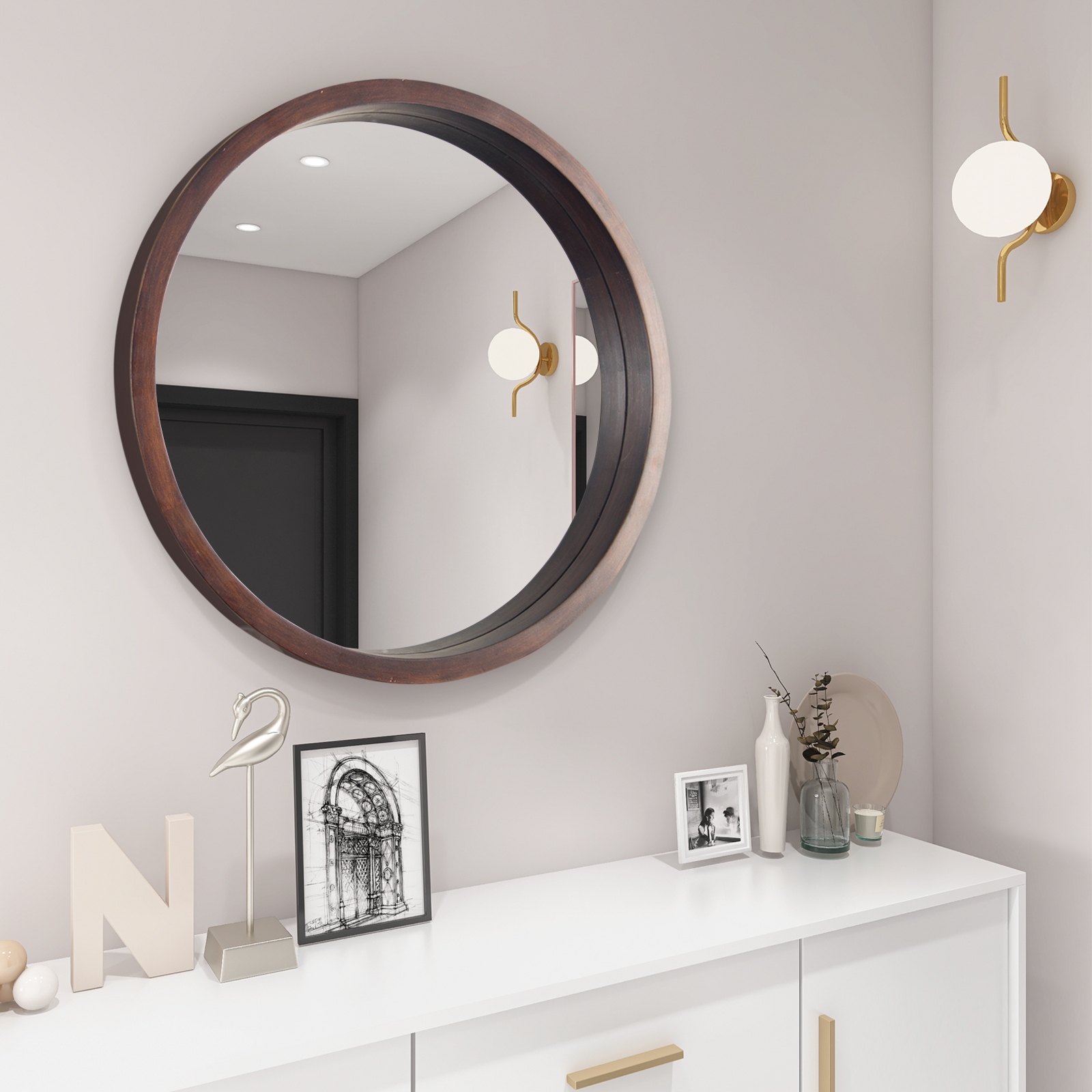 Wood framed discount round mirror