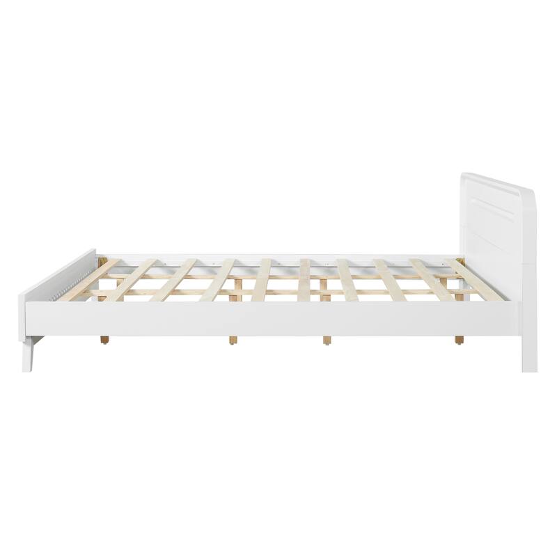 Rustic Pine Wood Bed Frame Low-Profile Platform Bed with Panel Headboard Solid Wood Slat Support and Extra Wide Thickened Legs