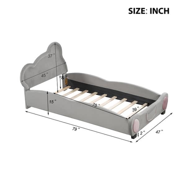 Twin Size Velvet Upholstered Platform Bed with Bear-Shaped Headboard & Bed-End Storage Pocket-Wood Slat Support, Easy Assembly