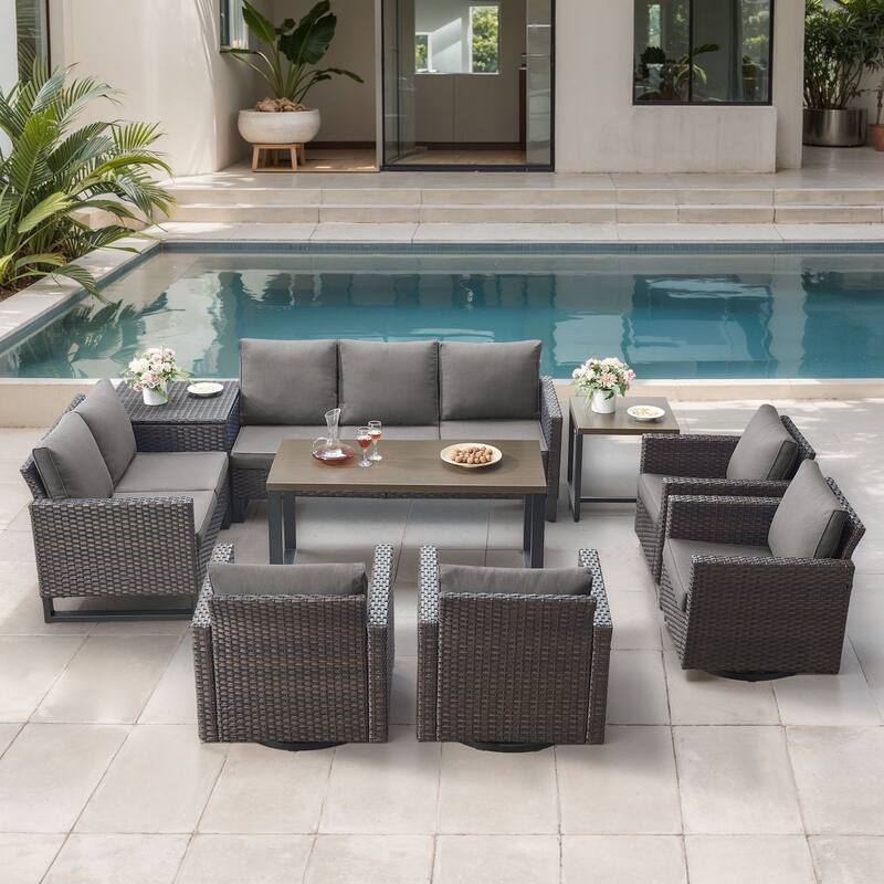 Gymojoy 9 Person Outdoor Courtyard Wicker Family Conversation Set Group With Swivel Chairs And Storage - Brown Wicker / Gray Cusion - 9-Piece