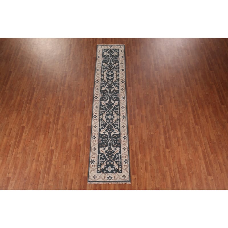 Green Oushak Indian Runner Rug Hand-Knotted Wool Carpet - 2'5"x 11'7"