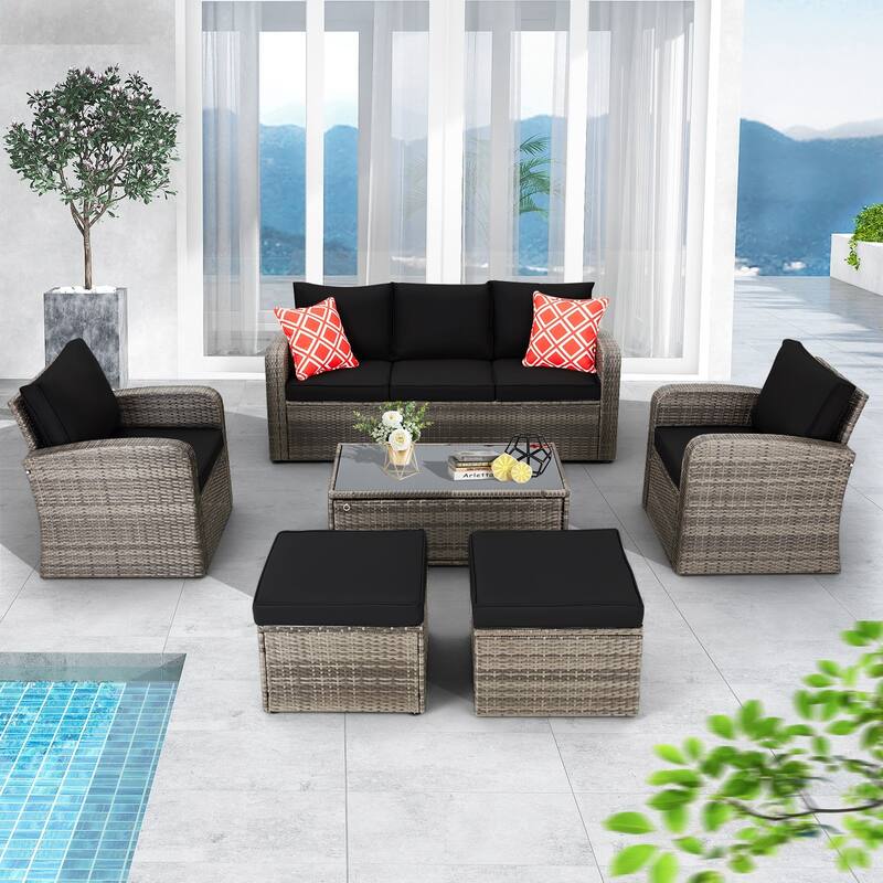 6-Piece Rattan Patio Set with Fire Pit Table, Outdoor Conversation Set with Cushions, Weather-Resistant Sofa Sectional