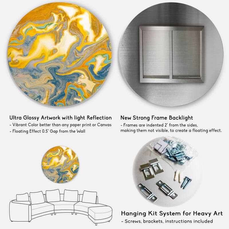 Designart 'Yellow And Blue Marble Waves I' Modern Metal Circle Wall Art