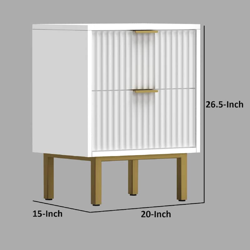 Beth 27 Inch 2 Drawer Nightstand, Corrugated, Mahogany Wood, White, Gold