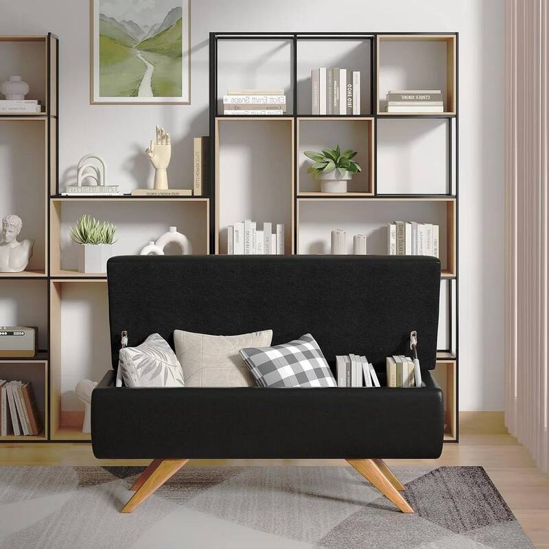 Mid Century Faux Leather Storage Bench Ottoman with Flip Top Lid - 15.4"D x 44.1"W x 16.7"H