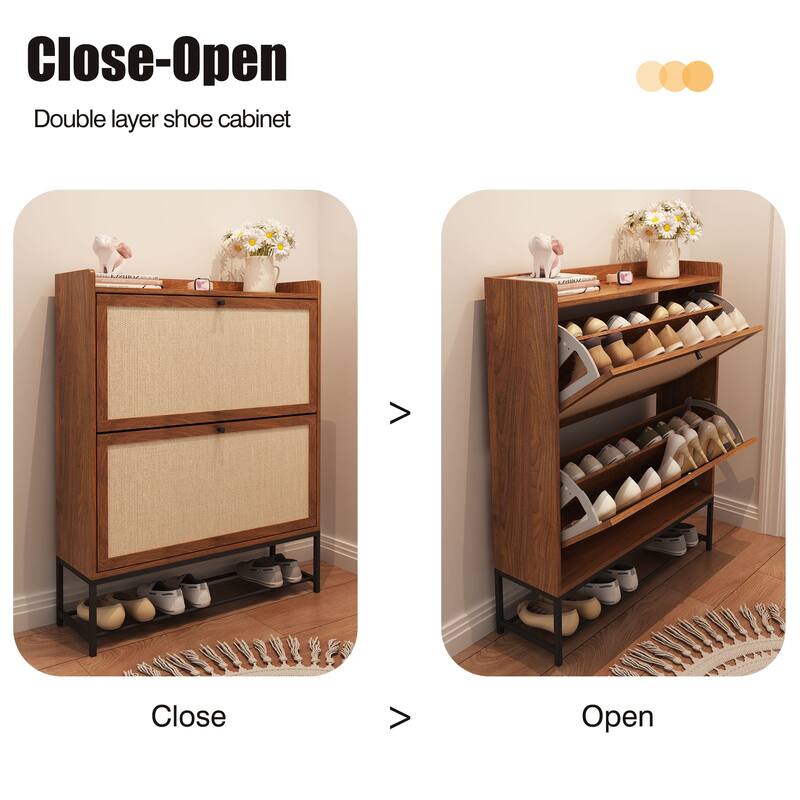 Free-standing Two-tier Flip-out Drawer Wooden Shoe Storage