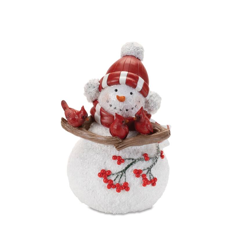 Set of 2 Resin Snowman Figurines with Cardinal and Berry Details for Winter Shelf and Mantel Decorations