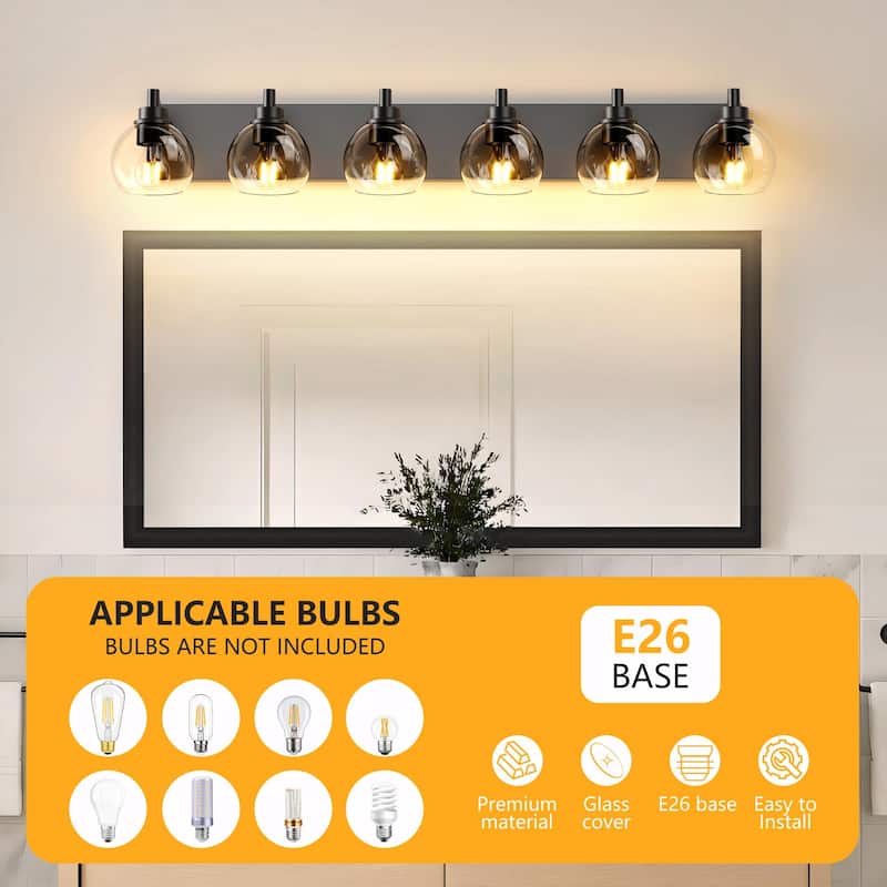 Bathroom Vanity Light with Clear Globe Glass Shades, Modern Black Wall Sconce Over Mirror, Vanity Lighting for Bath