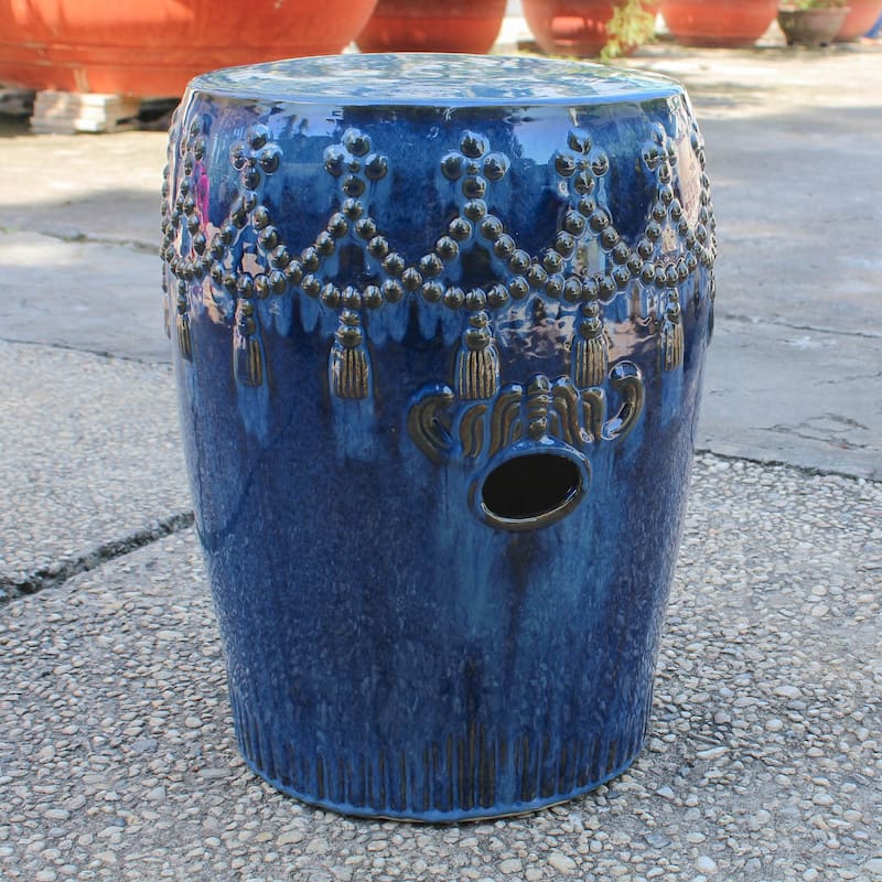 Glazed Ceramic Tasseled Garden Stool - Navy Blue