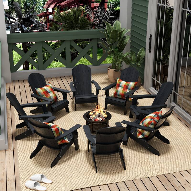 Vineyard HIPS Outdoor Folding Eco-Friendly All Weather Seashell Adirondack Chairs (8-Piece Conversation Set) - Black