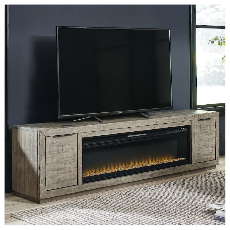 Signature Design by Ashley Krystanza 92" TV Stand for TVs up to 105" with Electric Fireplace - 92"W x 18"D x 25"H - Weathered Gray