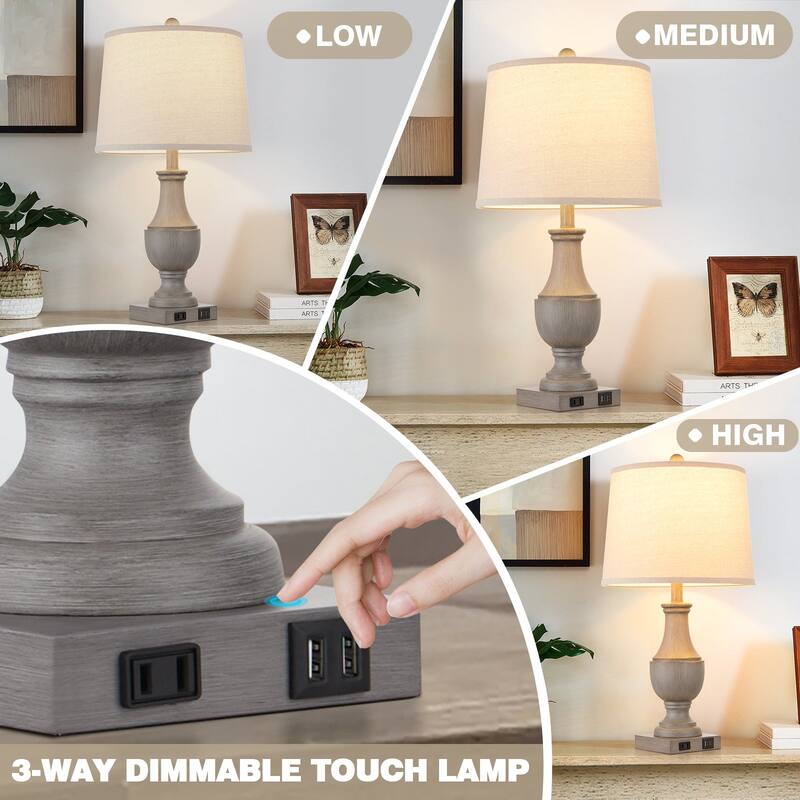 Grey Resin Table Lamps with 3-way Touch Dimming Switch USB & Type-C Charging Ports & AC Outlet (Set of 2)