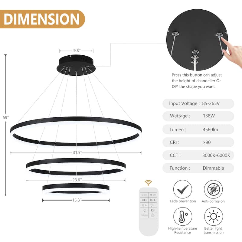 Modern Dimmable 3-Light Unique Tiered LED Chandelier