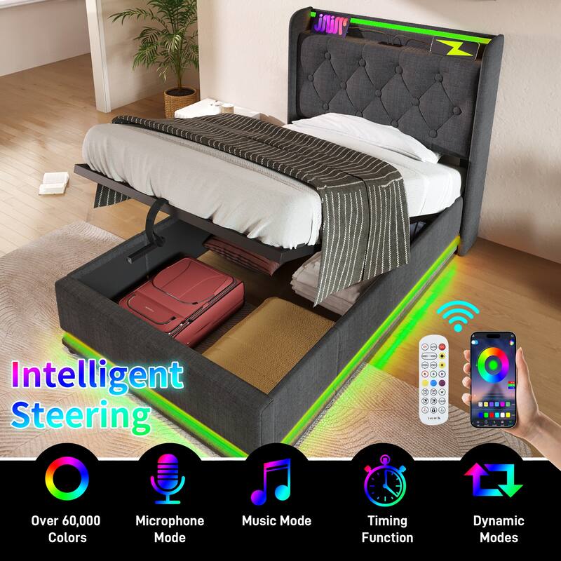 Upholstered Platform Bed with 360 LED Function and USB-C Charging