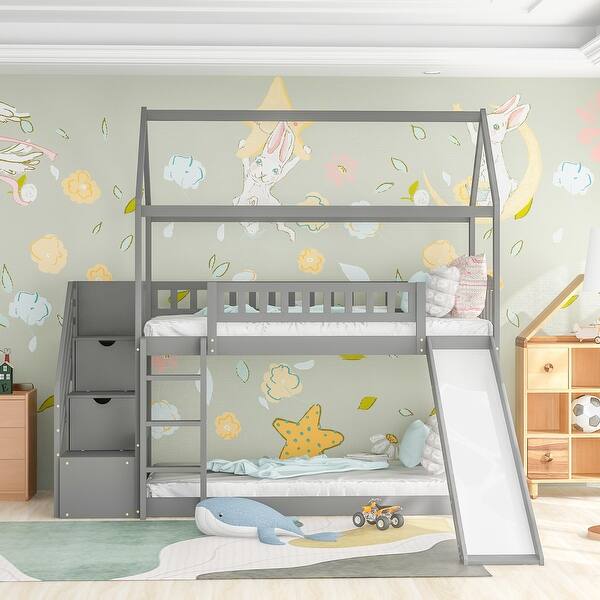 slide 2 of 41, Twin Over Twin Bunk Bed with Slide, House Bed with Slide Grey
