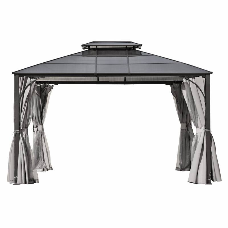 10'x12'Hardtop Outdoor Gazebo,Double Roof Gazebo with Aluminum Frame,Double-Layer Side Walls Mosquito Netting &Privacy Curtains