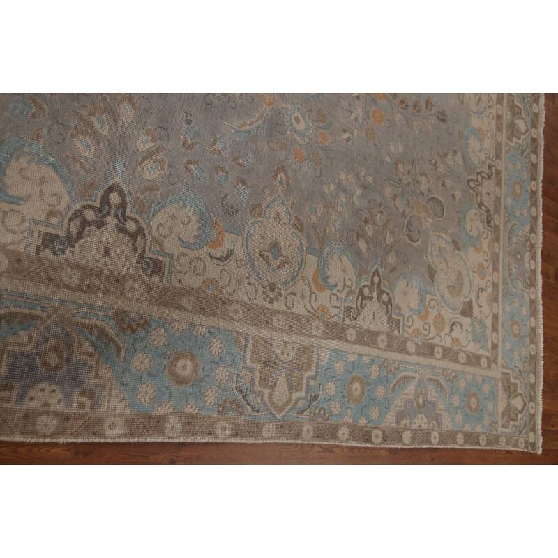 Hand Knotted Oriental 100% Wool Carpet Traditional Floral Greys & Charcoal Tabriz Area Rug - 12' 11'' X 9' 5''