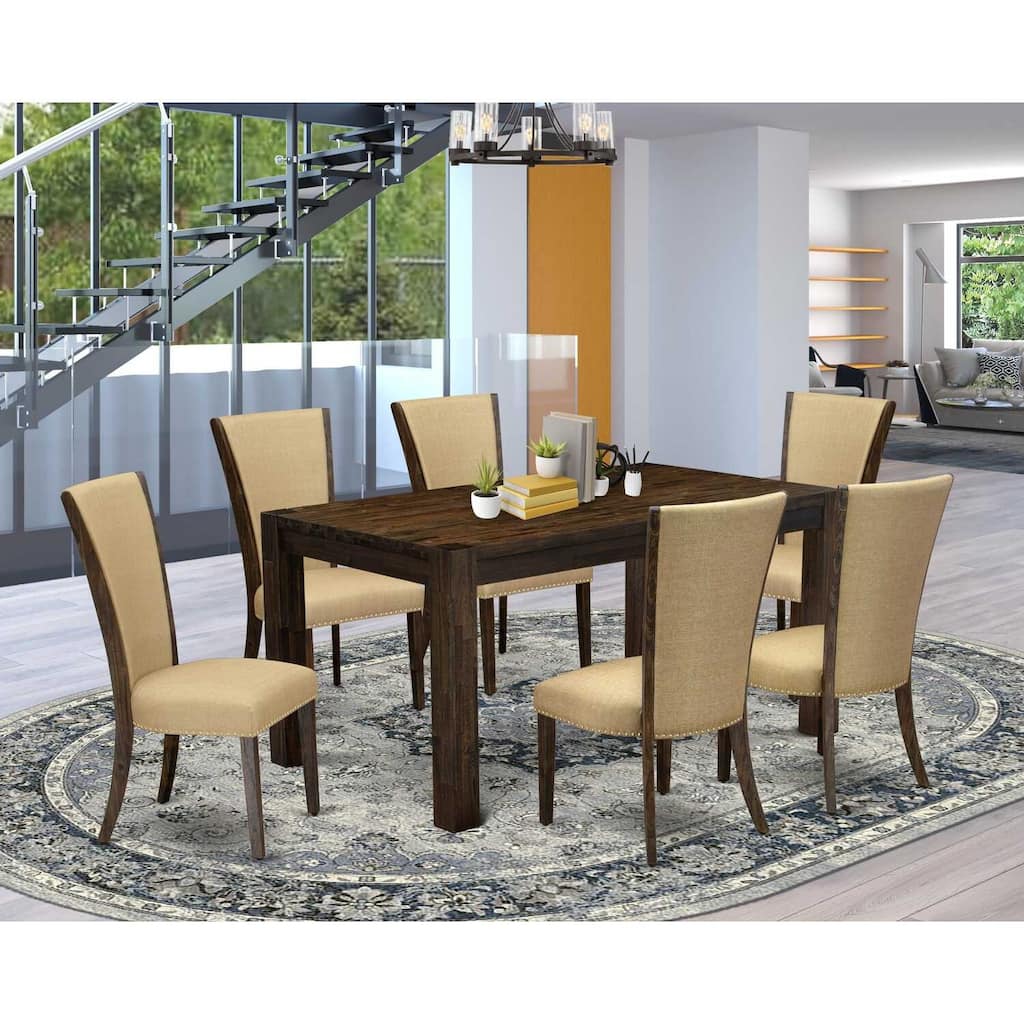 HomeStock 7-Piece Distressed Jacobean Finish Solid Wood Top Dining Table with 6 Parson-Chairs