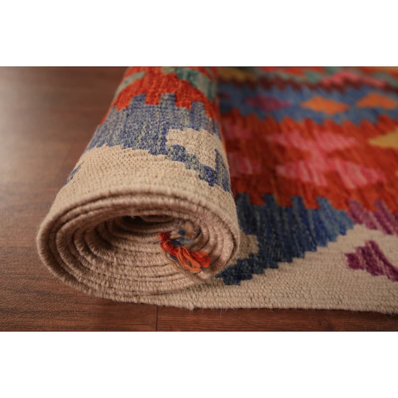 Reversible Kilim Area Rug Flatweave Geometric Wool Carpet - 8'7" x 11'4"