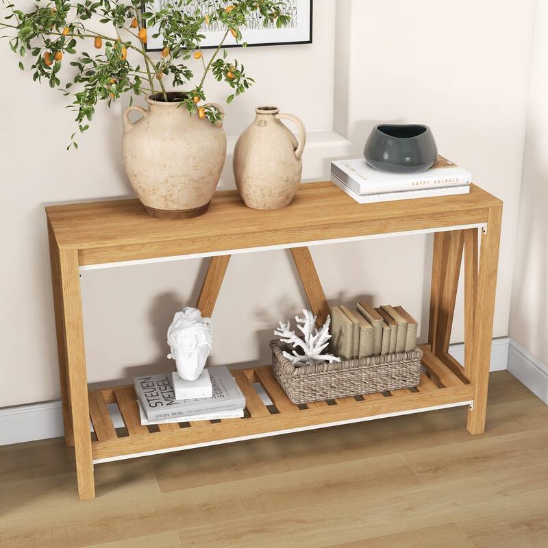 Anmytek Farmhouse Console Table Wooden Rustic Entryway Storage Shelf for Living Room Hallway