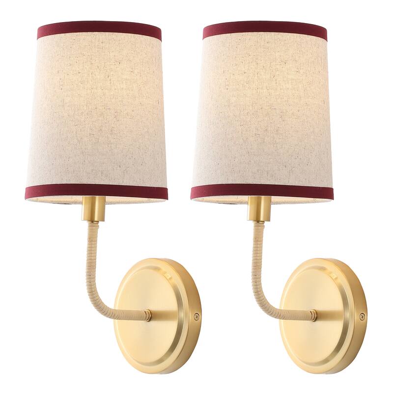 SAFAVIEH Lighting Carter, 6-inch, Metal/Fabric Wall Sconce (Set of 2) - 6"W x 7"D x 15"H - Brass/Red