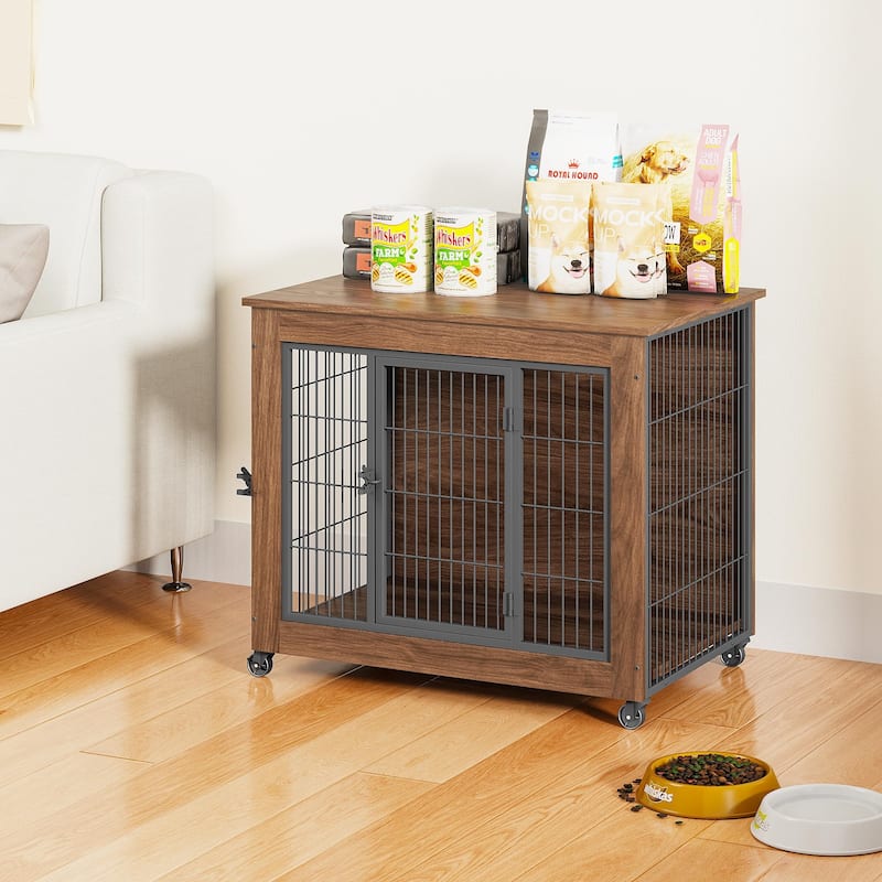 32.5" Dog Crate Furniture with Wheels for Small Dogs, Heavy Duty Dog Kennel Indoor with 2 Doors, Dog Cage for Anxiety Dog