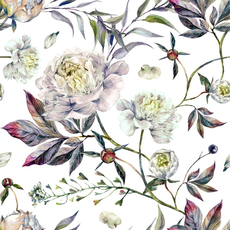 Peonies Floral Removable Wallpaper - 10'ft H x 24''inch W - 10'ft H x 24''inch W - Green