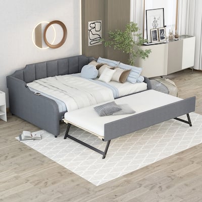 Upholstery Full Size Daybed with Trundle and USB Charging Design, Trundle Can be Flat or Erected