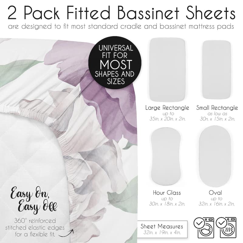 Sweet Jojo Designs Boho Shabby Chic Floral Girl 2P Baby Bassinet Fitted Sheets Solid Purple Ivory Bohemian Vintage Watercolor