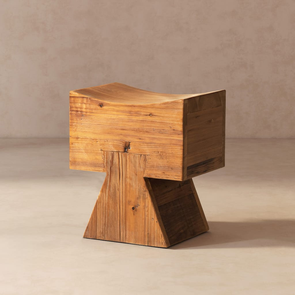 Jennifer Taylor Home Nico Reclaimed Wood Sculptural Stool Ottoman, Honey Aged Brown Reclaimed Pine Wood