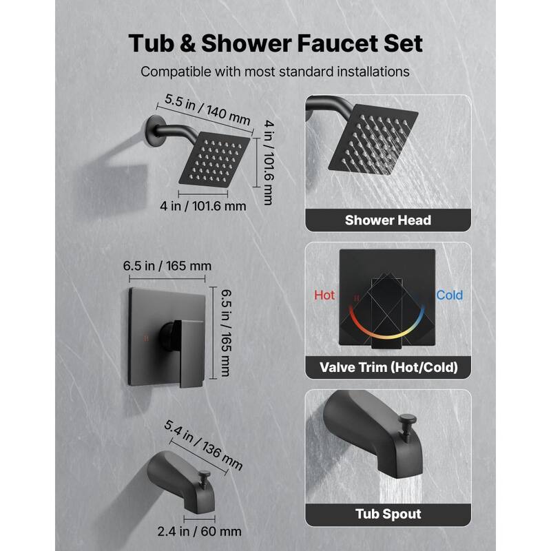 Matte Black Stainless Steel 4-Piece Tub and Shower Faucet Set with High-Pressure Shower - 4 x 4 in