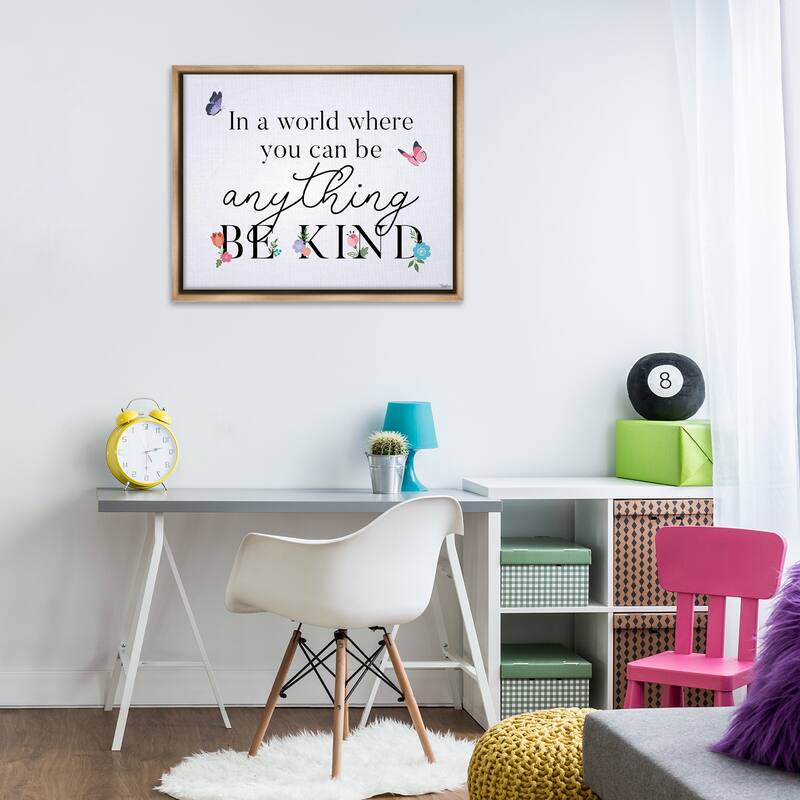Stupell Floral & Butterflies Be Kind Framed Floater Canvas Wall Art Design By Gigi Louise