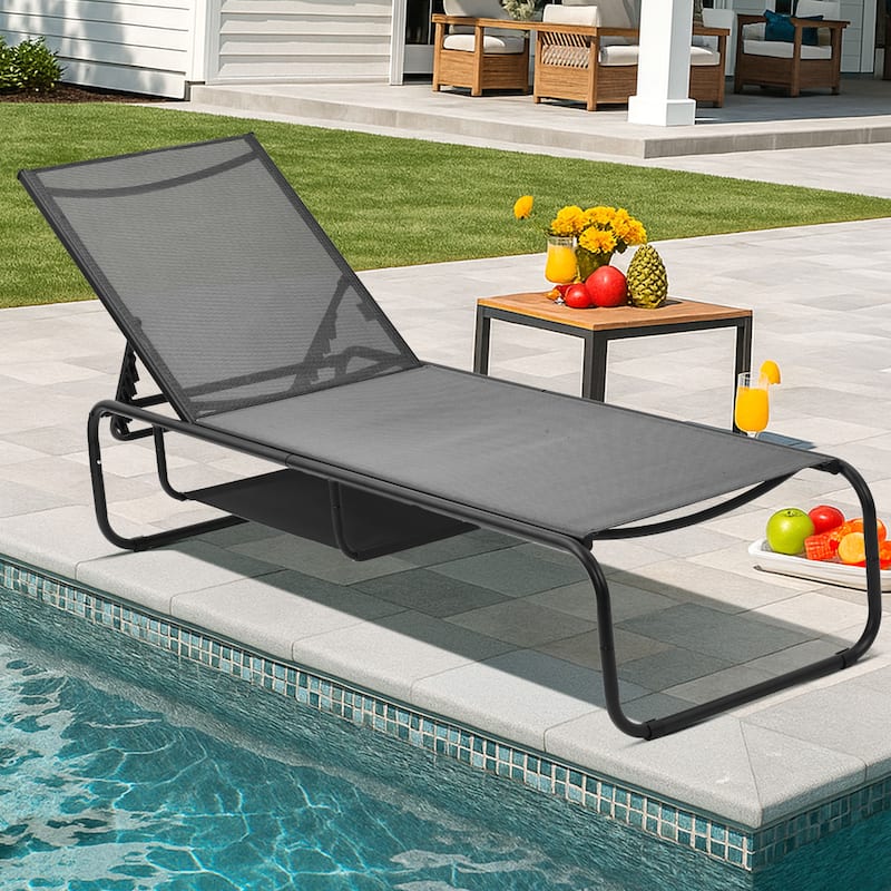 Outdoor Lounge Chair Chaise Recliner Back Adjustable Garden Deck - Black