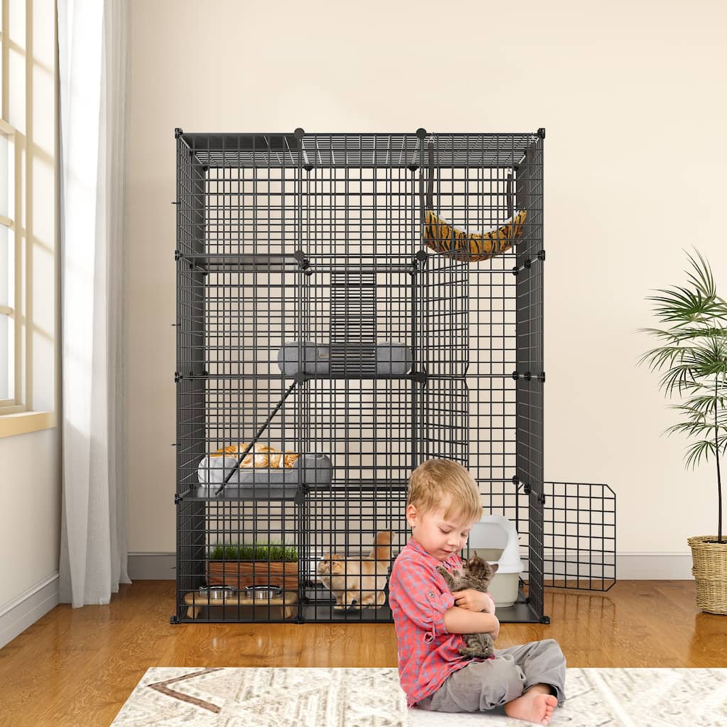 Large 4-Tier Metal Cat Cage Indoor DIY Kennels with Hammock