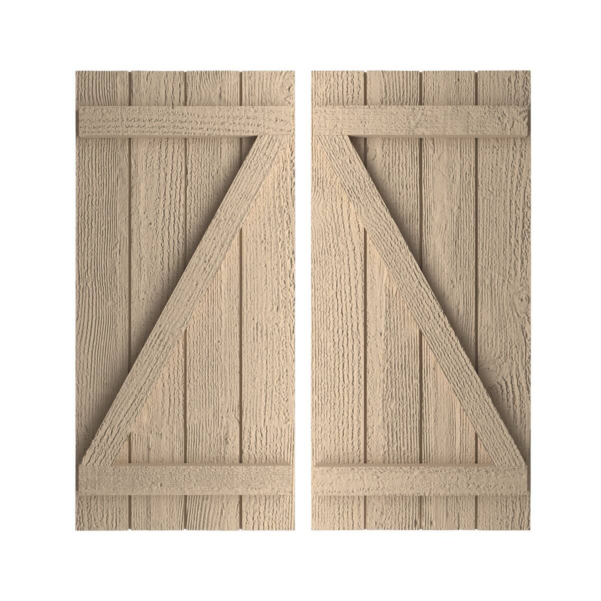 Rustic Four Board Joined BoardnBatten Faux Wood Shutters w/ZBoard (Per Pair), Primed Tan On