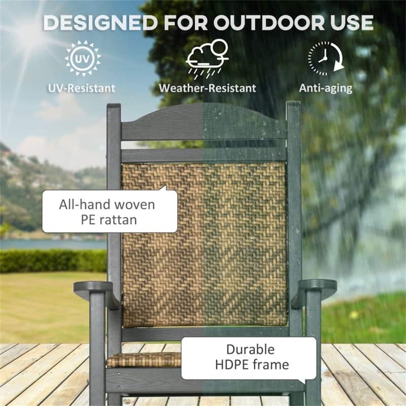 Dark Grey-Brown HDPE PE Rattan Outdoor Rocking Chair with Cushion - 26.5" W x 34.25" D x 41.75" H