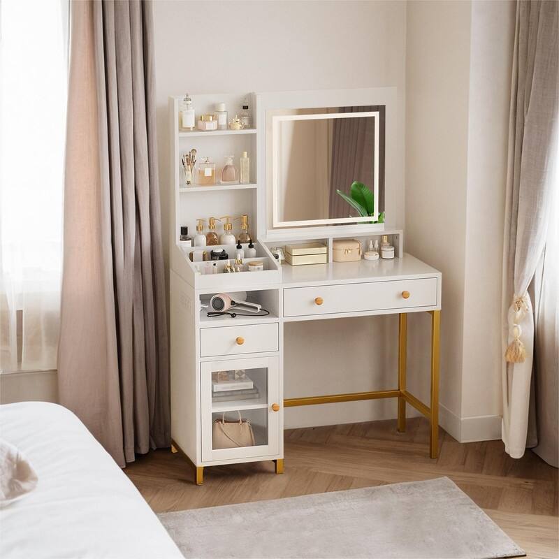 Makeup Vanity Desk with Adjustable LED Mirror, 2 Drawers, Shelves & Charging Station