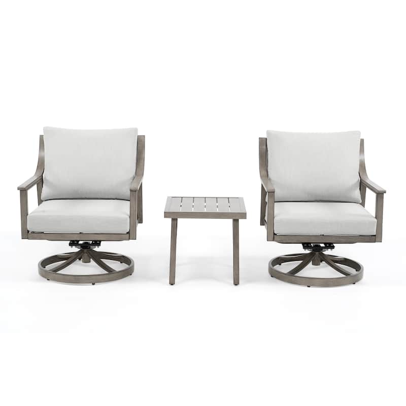 3-Piece Aluminum Patio Conversation Set with Swivel Chairs, End Table and Cushions - Grey