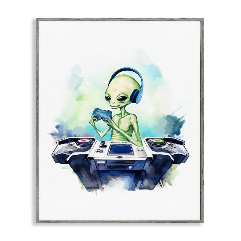 Stupell Tech Alien Playing Video Games Framed Giclee Art Design By Lil' Rue - 11 x 14 - Grey