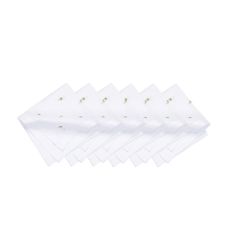 20" x 20" Green Palms Embroidered Machine Washable Hemstitch Napkins Set of 6 - White