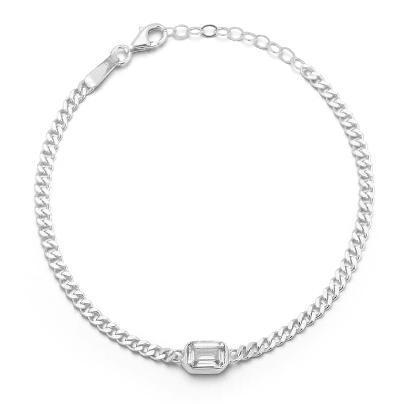 Soleil Sterling Silver Emerald Cut CZ Curb Chain Bracelet - White