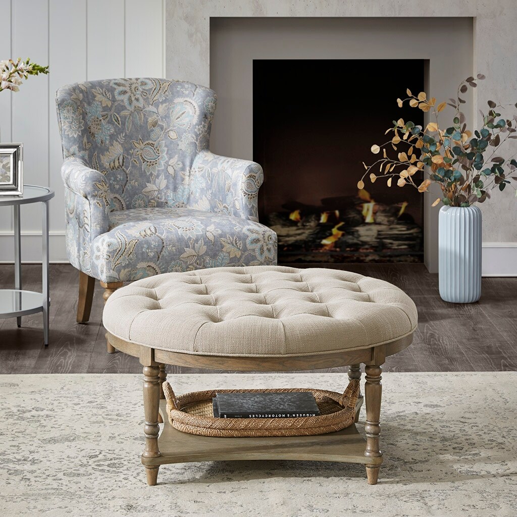 Martha Stewart Cedric Cocktail Ottoman Round Button Tufted