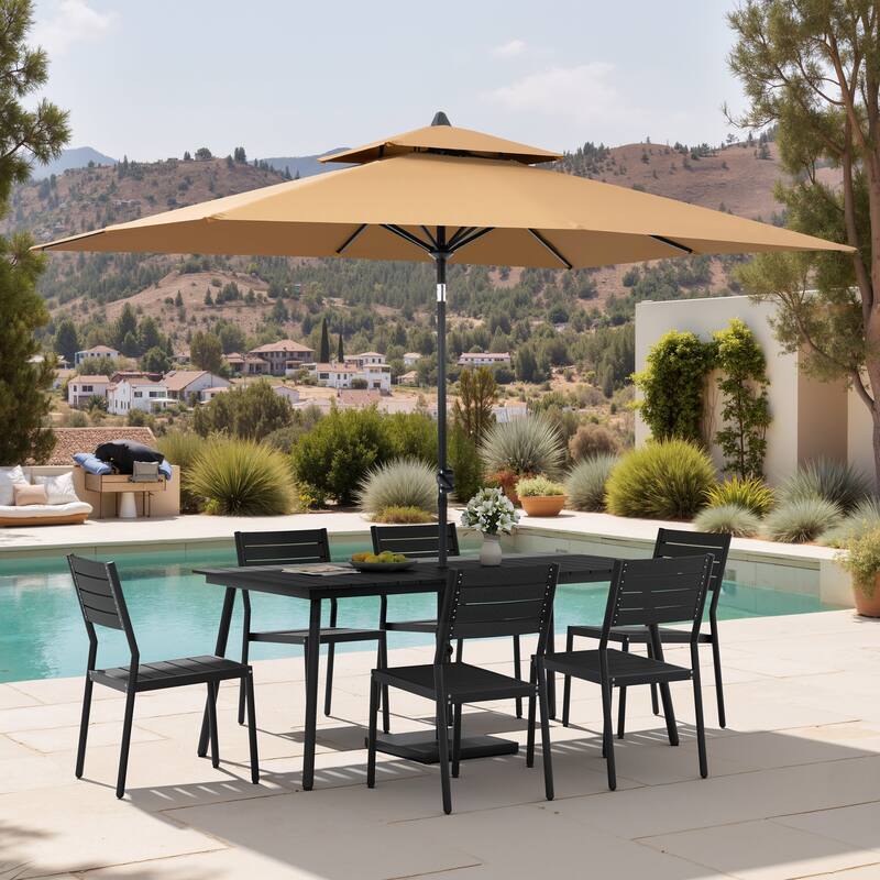 9 PC Outdoor Patio Dining Set Wood-Like Aluminum Umbrella Hole Table with Stackable Chairs,Double Top Market Umbrella and Base - BlackTable&BlackChairs&TanUmbrella
