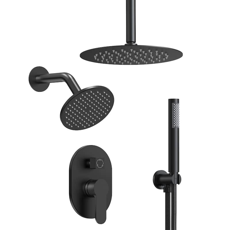 GRANDJOY Dual Shower Heads with Handheld Spray 10" Rainfall Wall Mount Shower Faucet Set - Matte Black