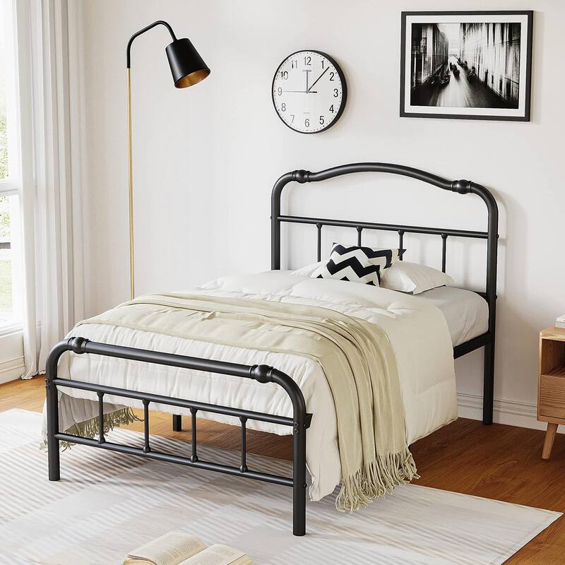 Heavy-duty Anti-Wobble 18 Inch Bed Frame With Wavy Art Headboard, Easy Assembly - Twin
