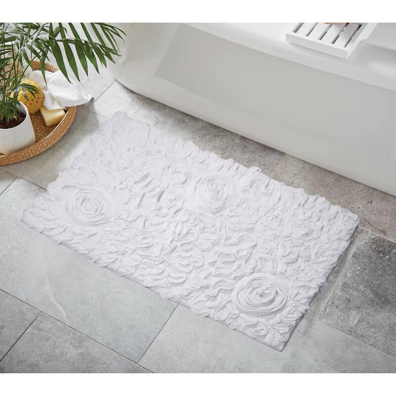 Bell Flower Bathroom Rug, Cotton Soft, Water Absorbent Bath Rug, Non Slip Shower Rug Machine Washable 24"x40" Rectangle - White