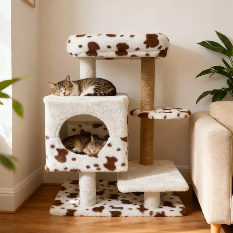 Costway Modern Cat Tree with Wide Upholstered Perch & 2-Entrance Cat - White, Brown - See Details