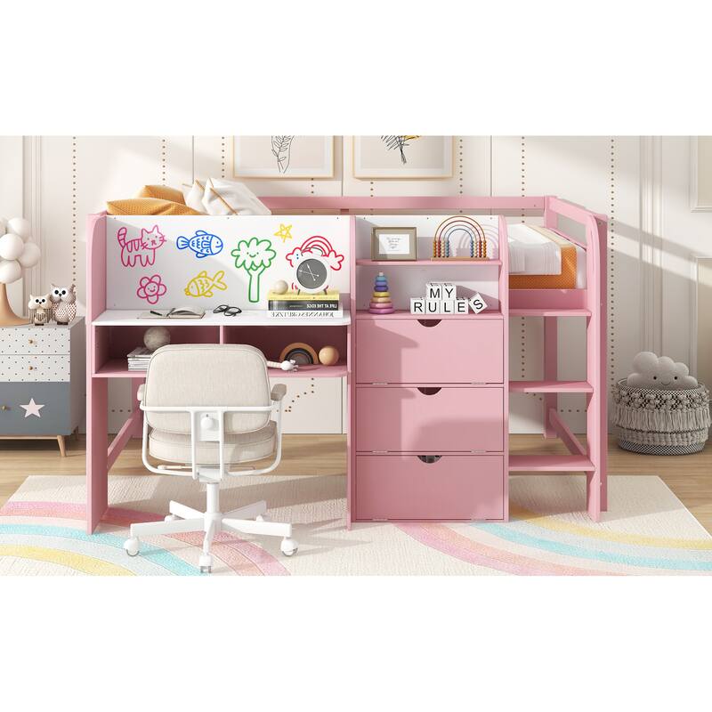 Full Size Low Loft Bed with Storage, Desk, Bookcase, and Graffiti Whiteboard for Kids
